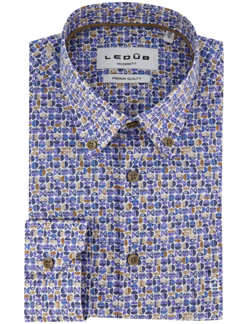 Overhemd blauw Ledub geprint bruin patroon button down