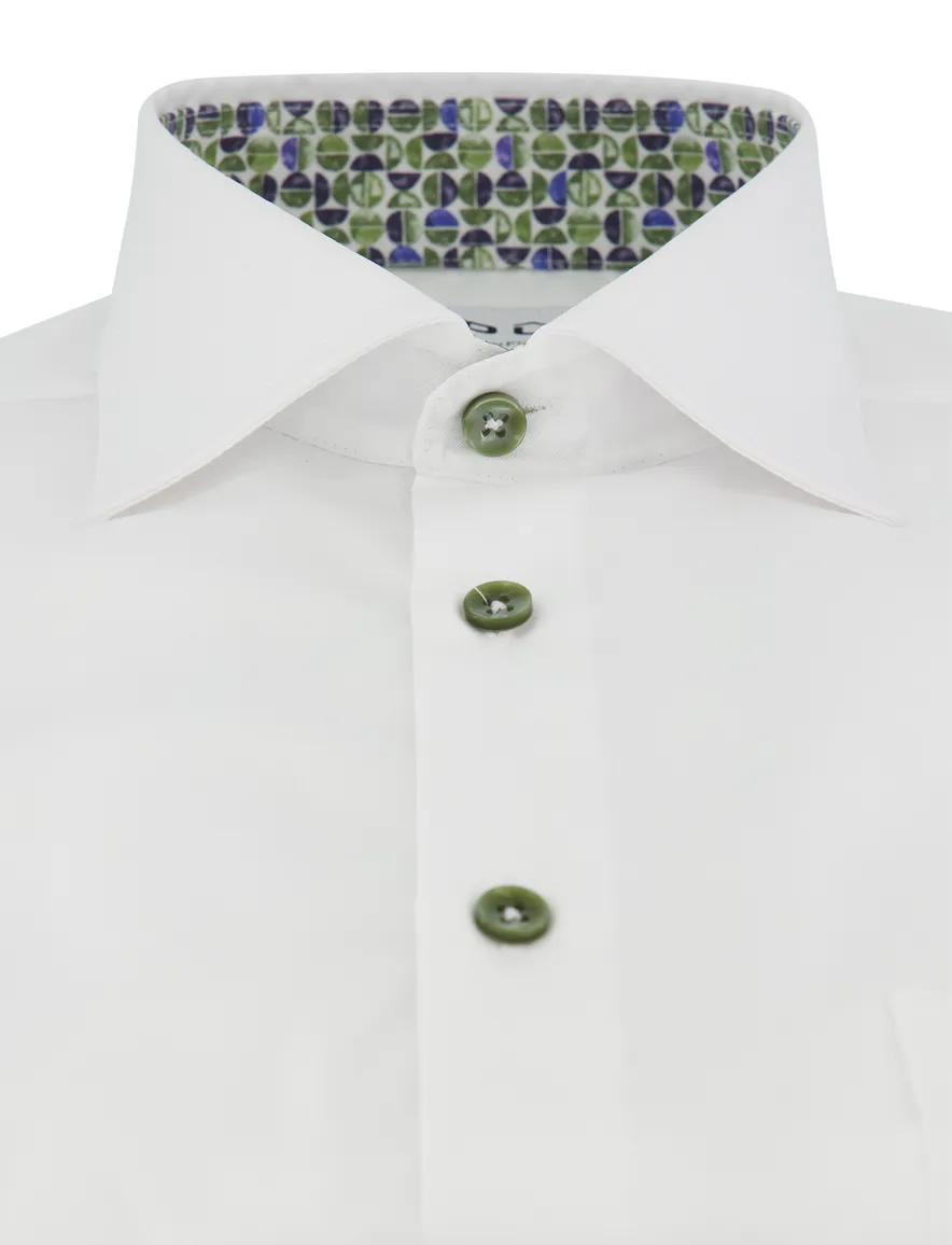 Ledub Modern Fit overhemd wit groene knoop strijkvrij