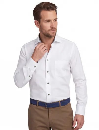Ledub Strijkvrij wit overhemd Ledub Modern Fit gekleurde knoop