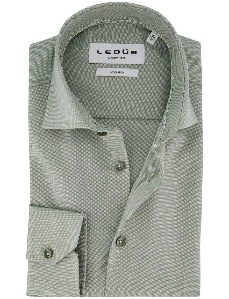 Ledub Modern Fit overhemd groen effen katoen wide spread