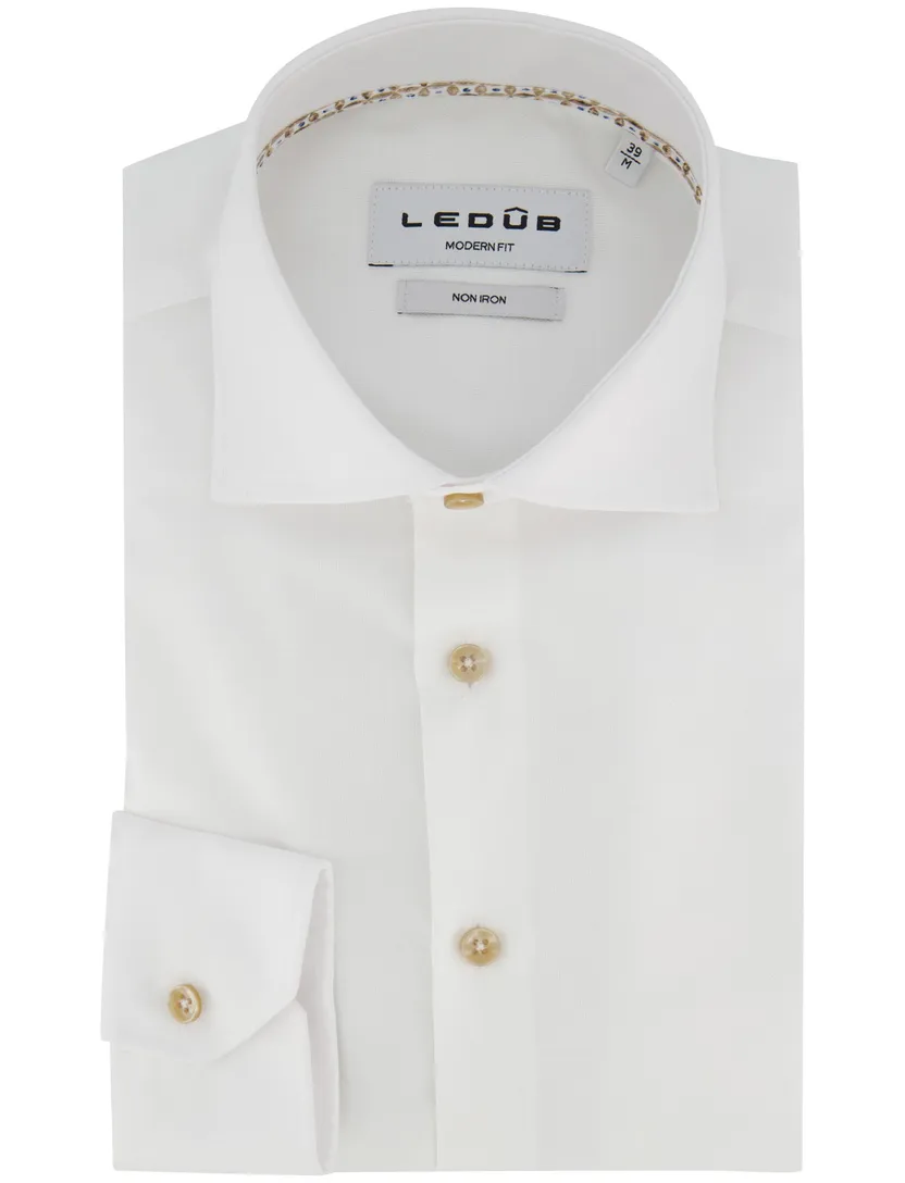 Overhemd wit Ledub Modern fit katoen effen beige knoop