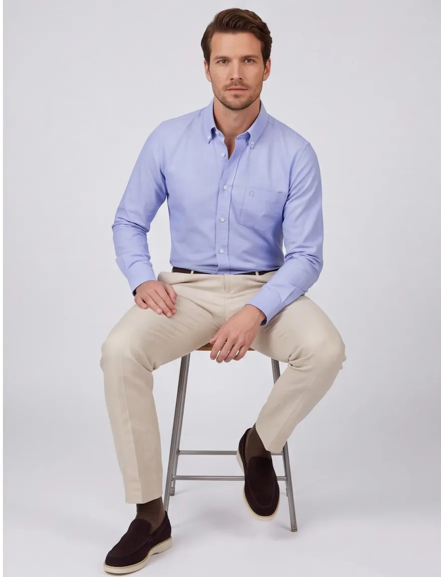 Ledub Modern Fit overhemd lichtblauw effen katoen button down