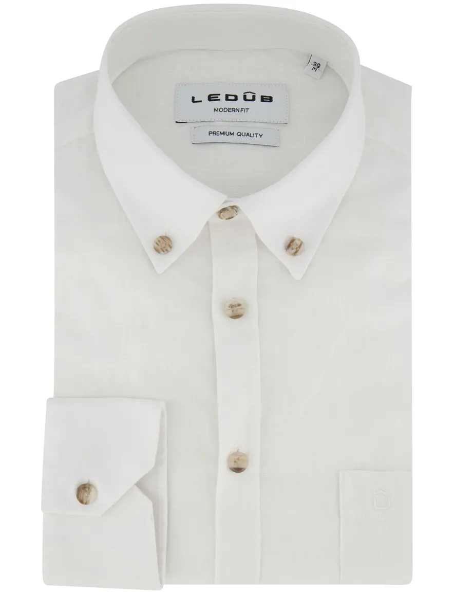 Ledub Modern Fit overhemd button-down boord wit linnen