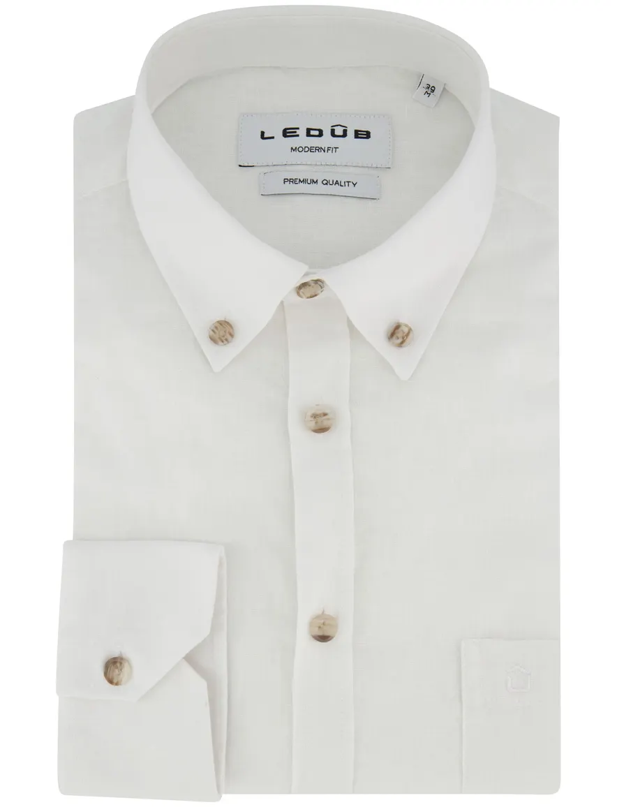 Ledub Overhemd wit linnen button down
