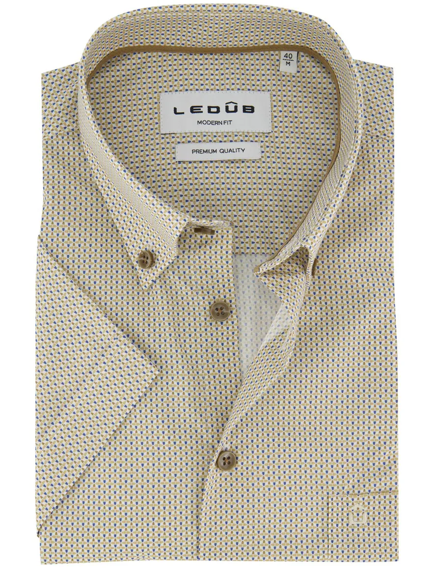 Ledub Modern Fit overhemd geel geprint borstzak korte mouw