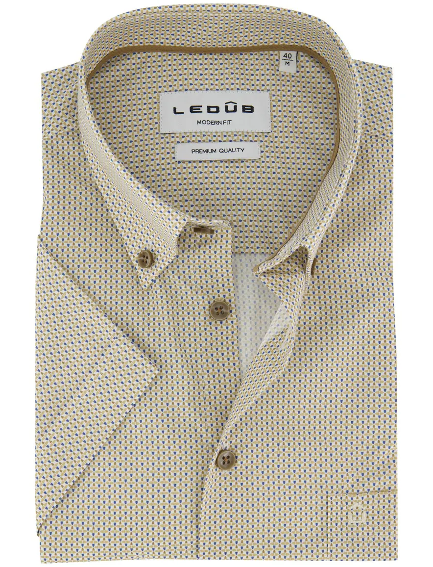 Ledub Modern Fit overhemd geel geprint korte mouw