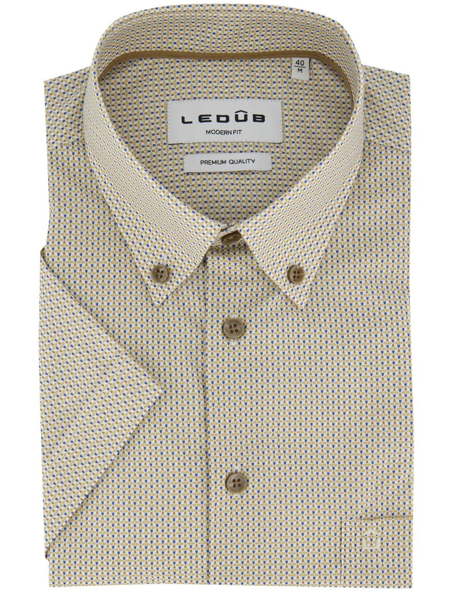 Ledub Modern Fit overhemd geel geprint borstzak korte mouw