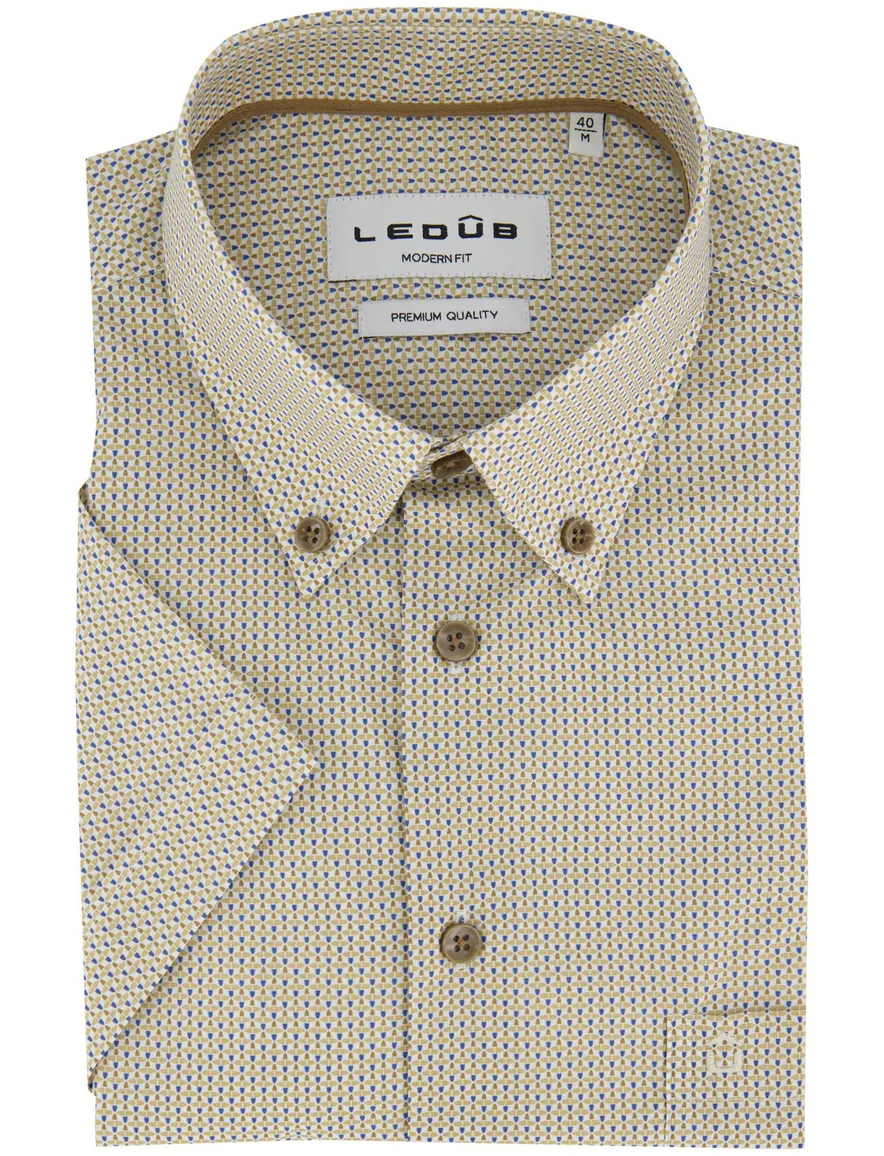 Ledub Modern Fit overhemd geel geprint korte mouw