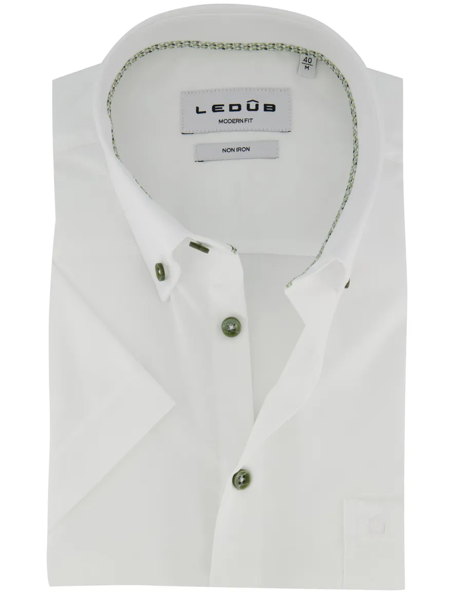 Ledub Modern Fit overhemd wit srtijkvrij groene knoop