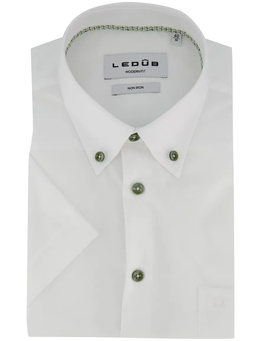 Ledub Modern Fit overhemd wit srtijkvrij groene knoop