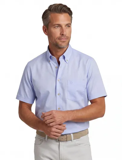 Ledub Ledub lichtblauw overhemd korte mouw Modern Fit strijkvrij met borstzak verfijnd