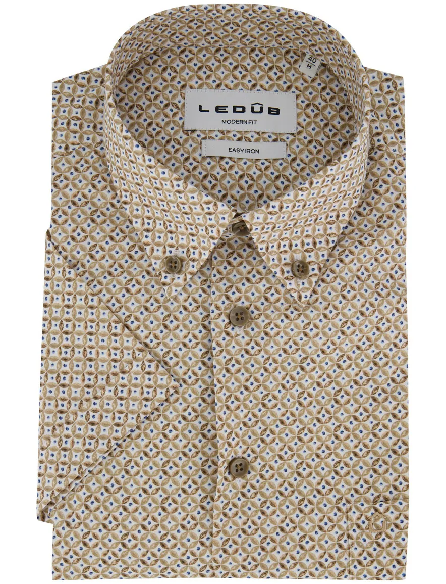 Ledub Modern Fit overhemd bruin geprint korte mouw