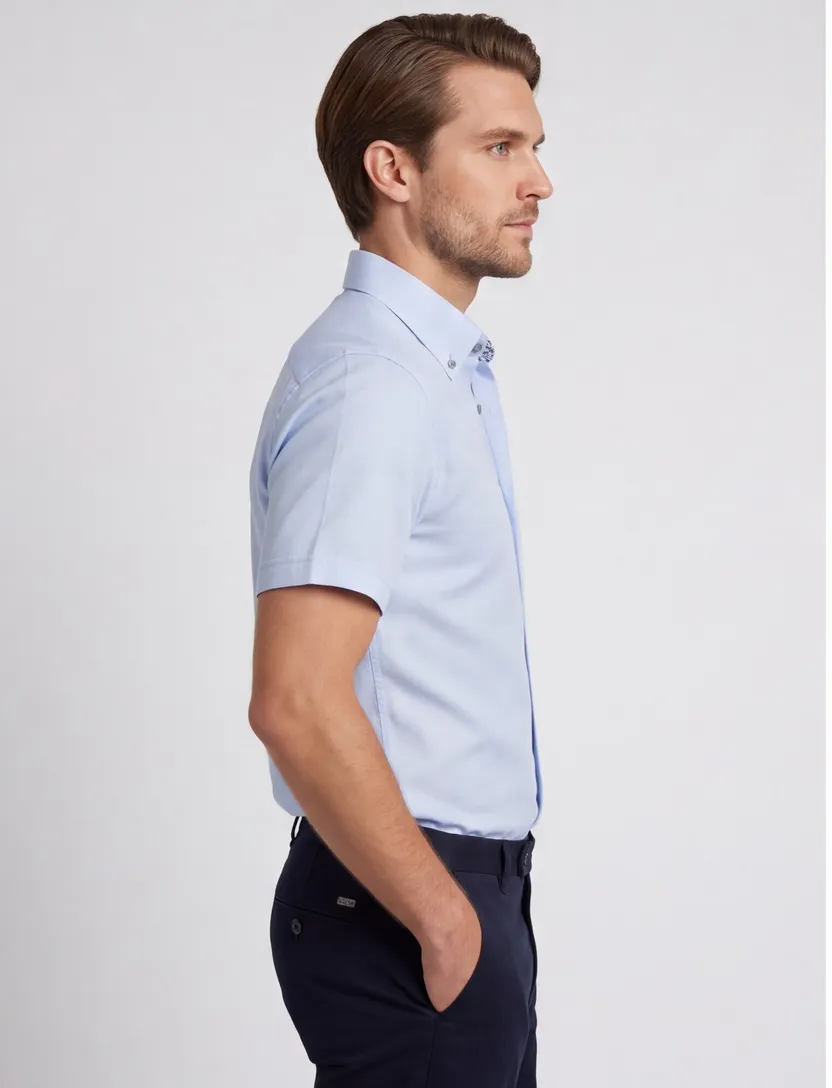 Lichtblauw Ledub overhemd korte mouw Modern Fit strijkvrij casual
