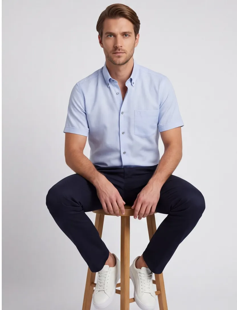Lichtblauw Ledub overhemd korte mouw Modern Fit strijkvrij casual