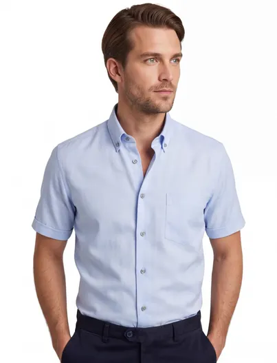 Ledub Lichtblauw Ledub overhemd korte mouw Modern Fit strijkvrij casual