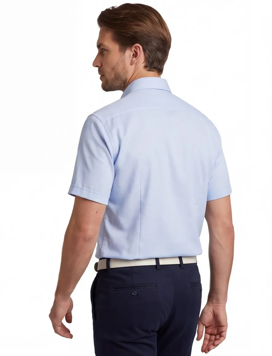 Ledub Modern Fit overhemd lichtblauw korte mouw strijkvrij met borstzak