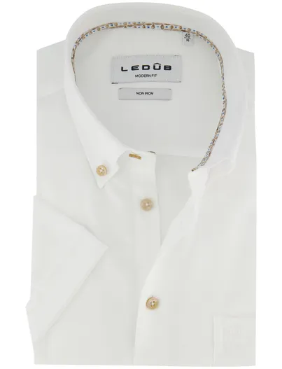 Ledub Ledub wit overhemd korte mouw Modern Fit strijkvrij button-down met borstzak
