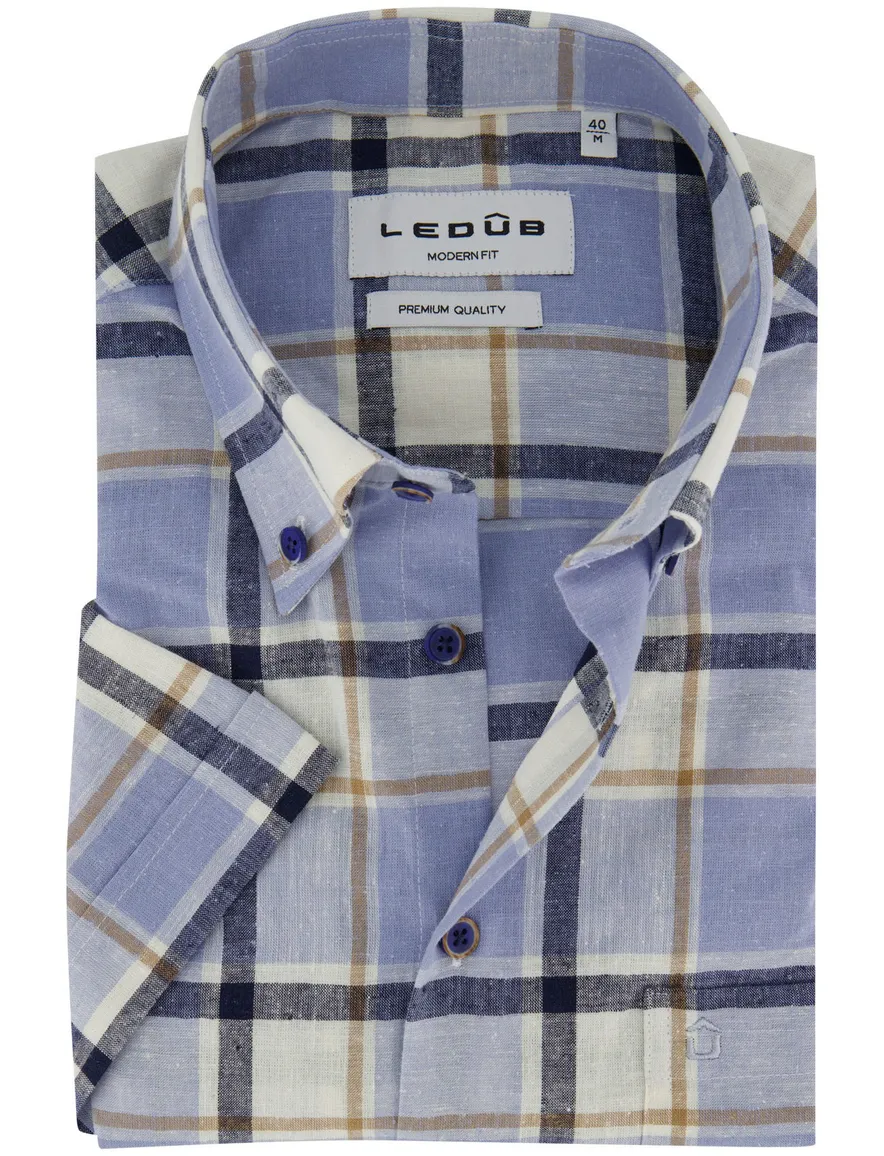 Ledub blauw geruit overhemd linnen korte mouw Modern Fit borstzak