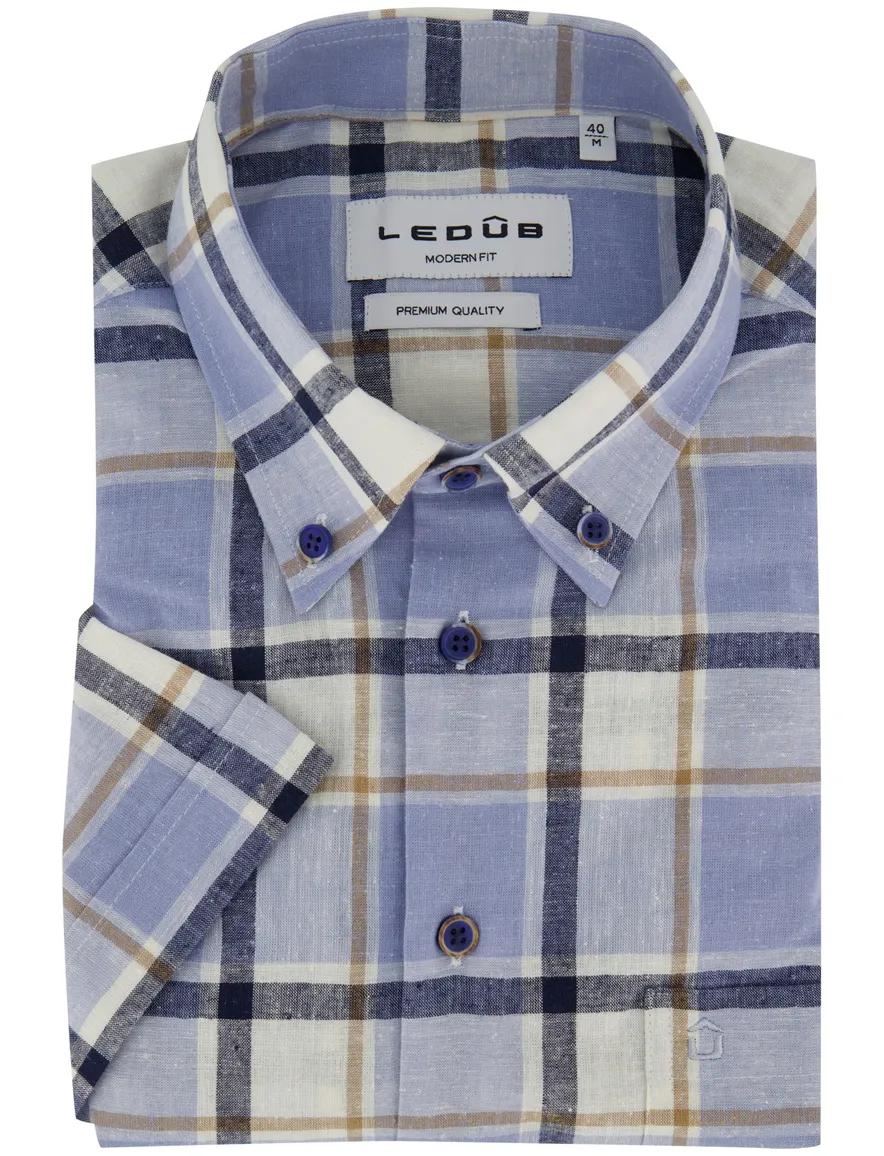 Ledub blauw geruit overhemd linnen korte mouw Modern Fit borstzak