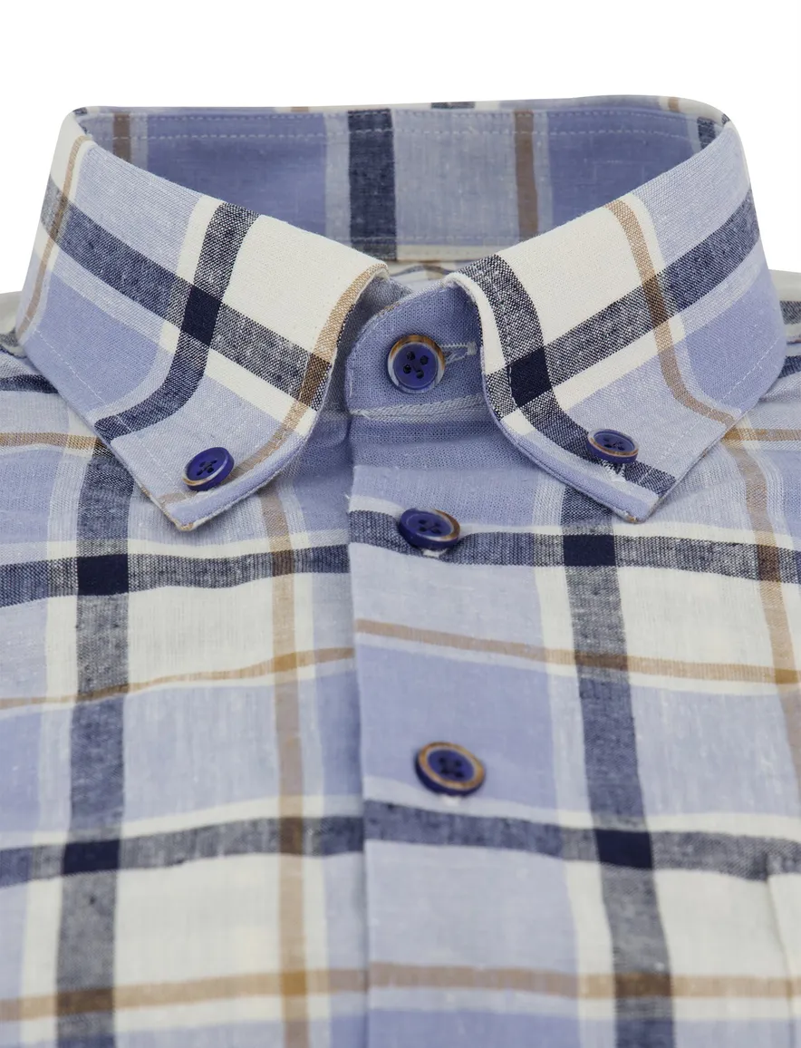 Ledub blauw geruit overhemd linnen korte mouw Modern Fit borstzak