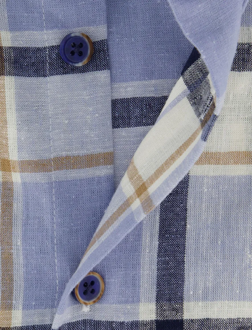 Ledub blauw geruit overhemd linnen korte mouw Modern Fit borstzak