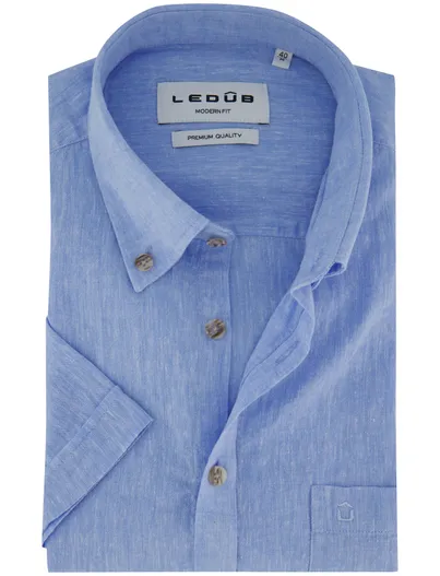 Ledub Ledub blauw gemêleerd overhemd korte mouw Modern Fit zomers