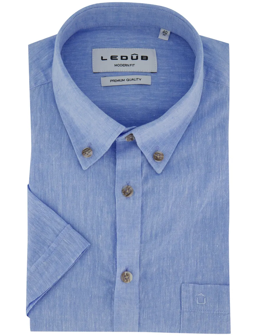 Ledub blauw gemêleerd overhemd korte mouw Modern Fit zomers