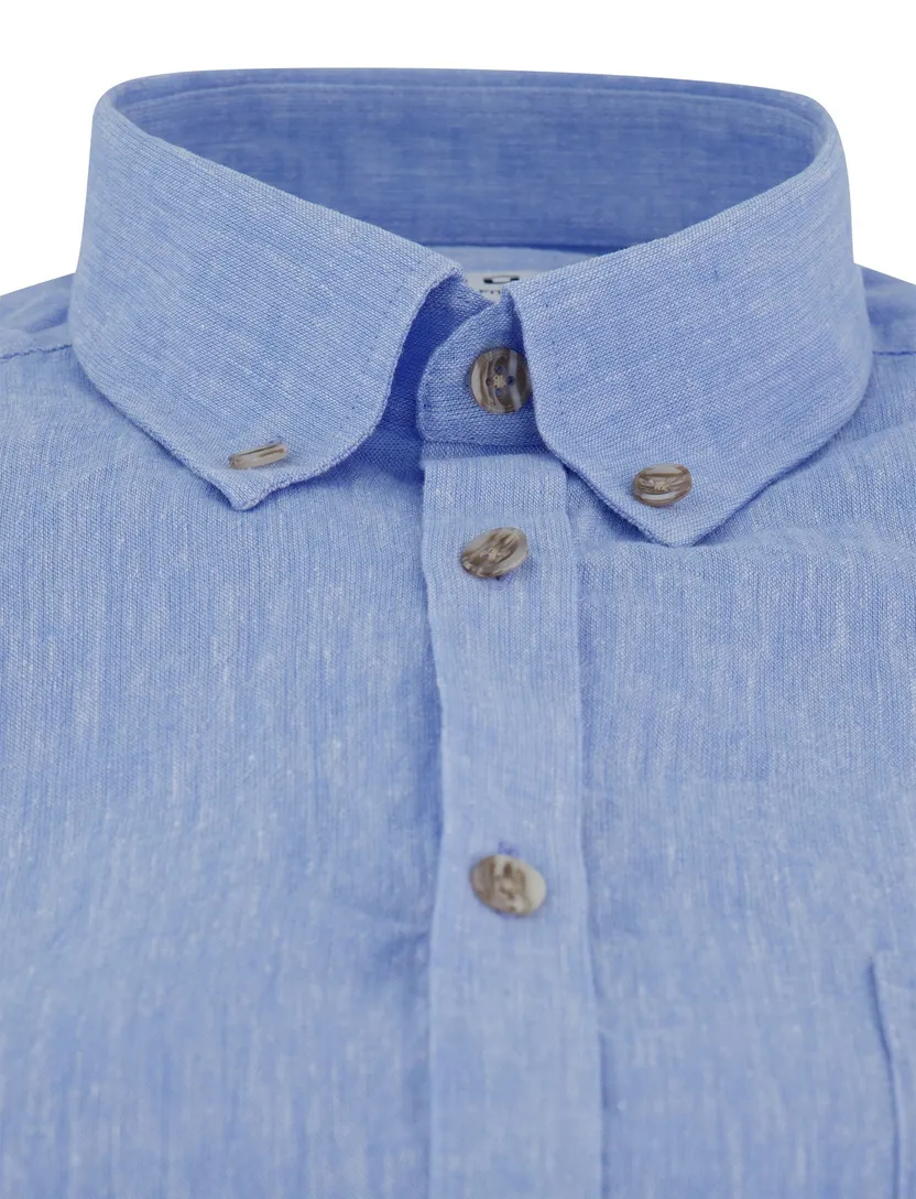 Blauw gemêleerd Ledub overhemd korte mouw Modern Fit luchtig