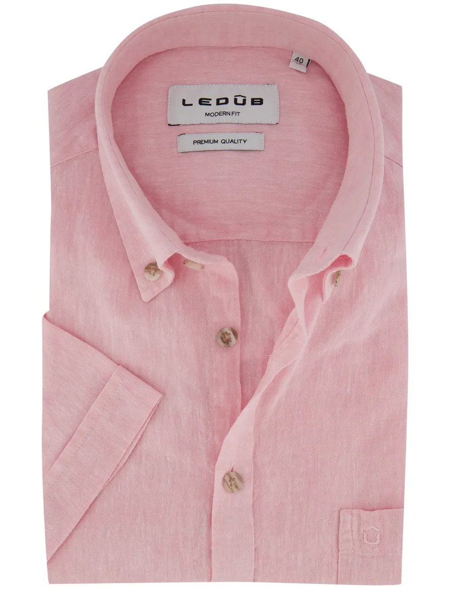 Ledub Modern fit overhemd roze linnen gemeleerd