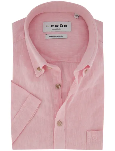 Ledub Ledub roze gemêleerd overhemd korte mouw Modern Fit met borstzak