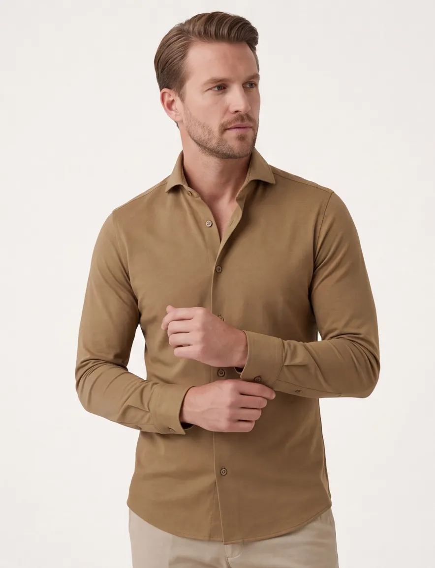Bruin overhemd ledub slim fit jersey mouwlengte 7
