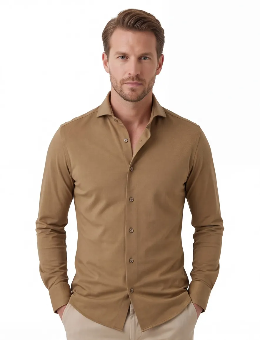 Bruin overhemd ledub slim fit jersey mouwlengte 7