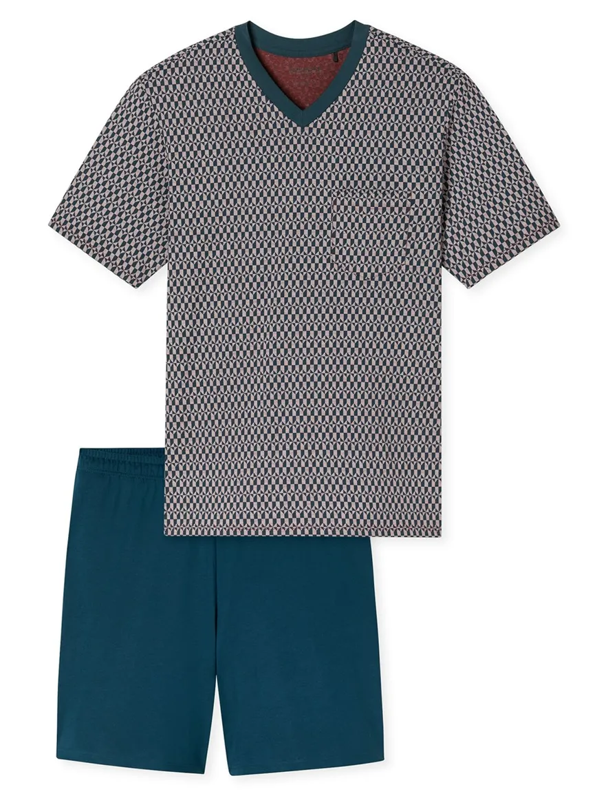 Shortama blauw dessin katoen Schiesser V-hals set