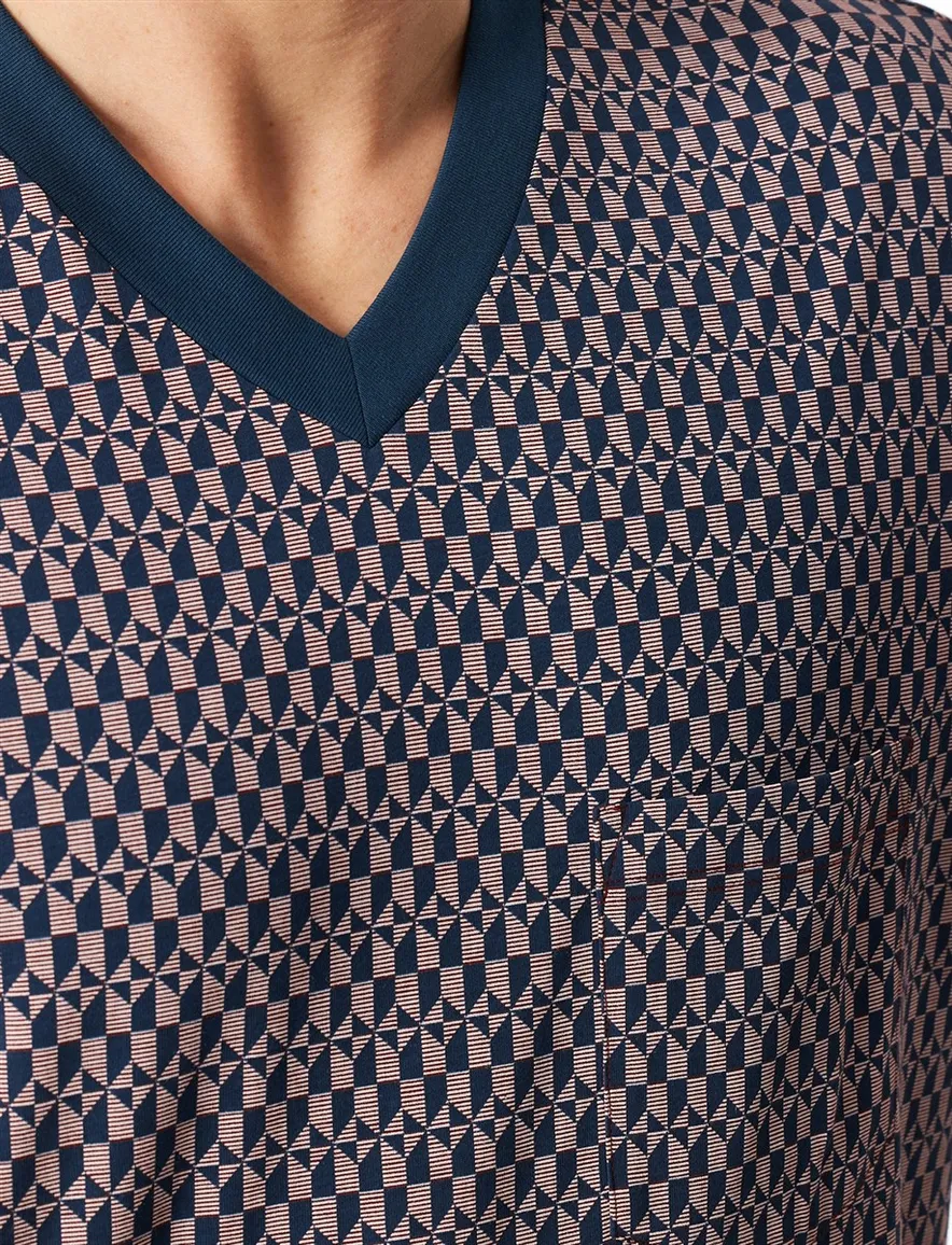 Schiesser shortama blauw dessin katoen V-hals