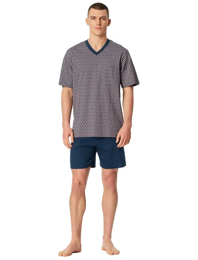 Schiesser Shortama blauw dessin katoen Schiesser V-hals set