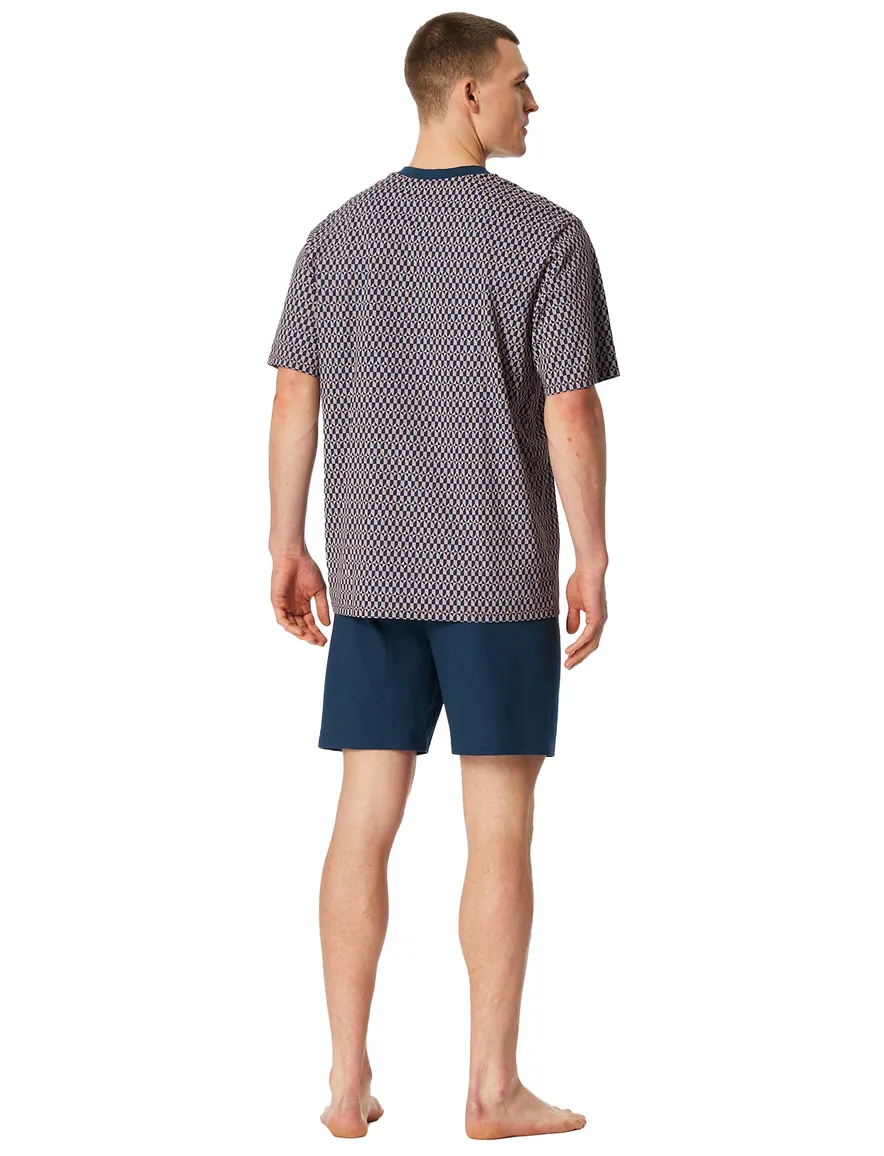Schiesser shortama blauw dessin katoen V-hals