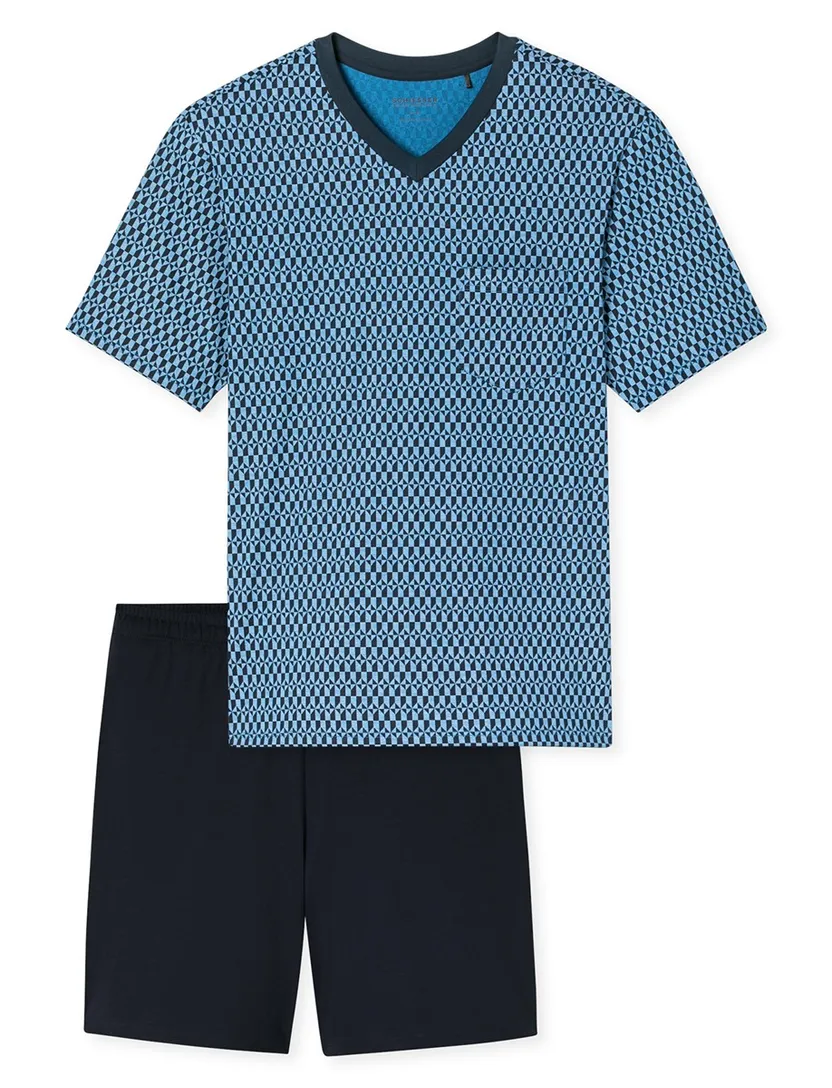 V-hals dessin shortama Schiesser kobalt katoen set