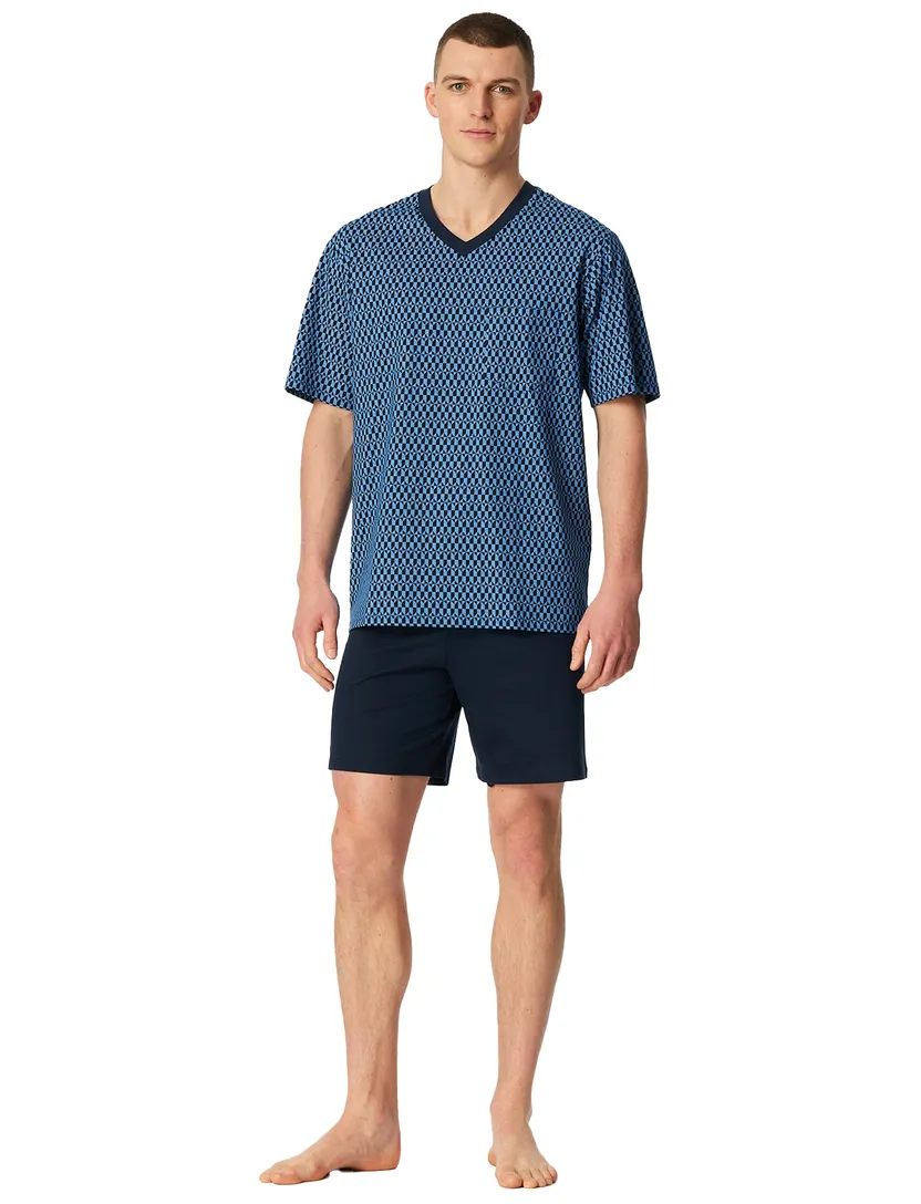 V-hals dessin shortama Schiesser kobalt katoen set