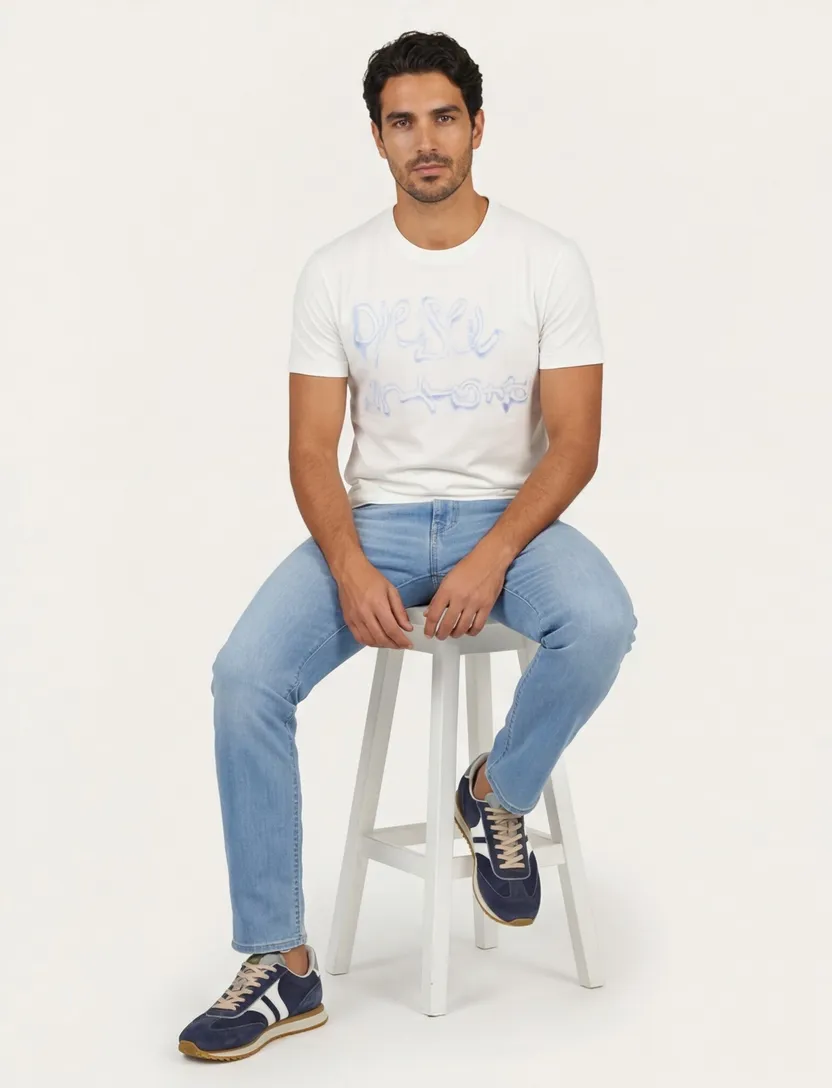 T-shirt wit Disel blauwe opdruk ronde hals