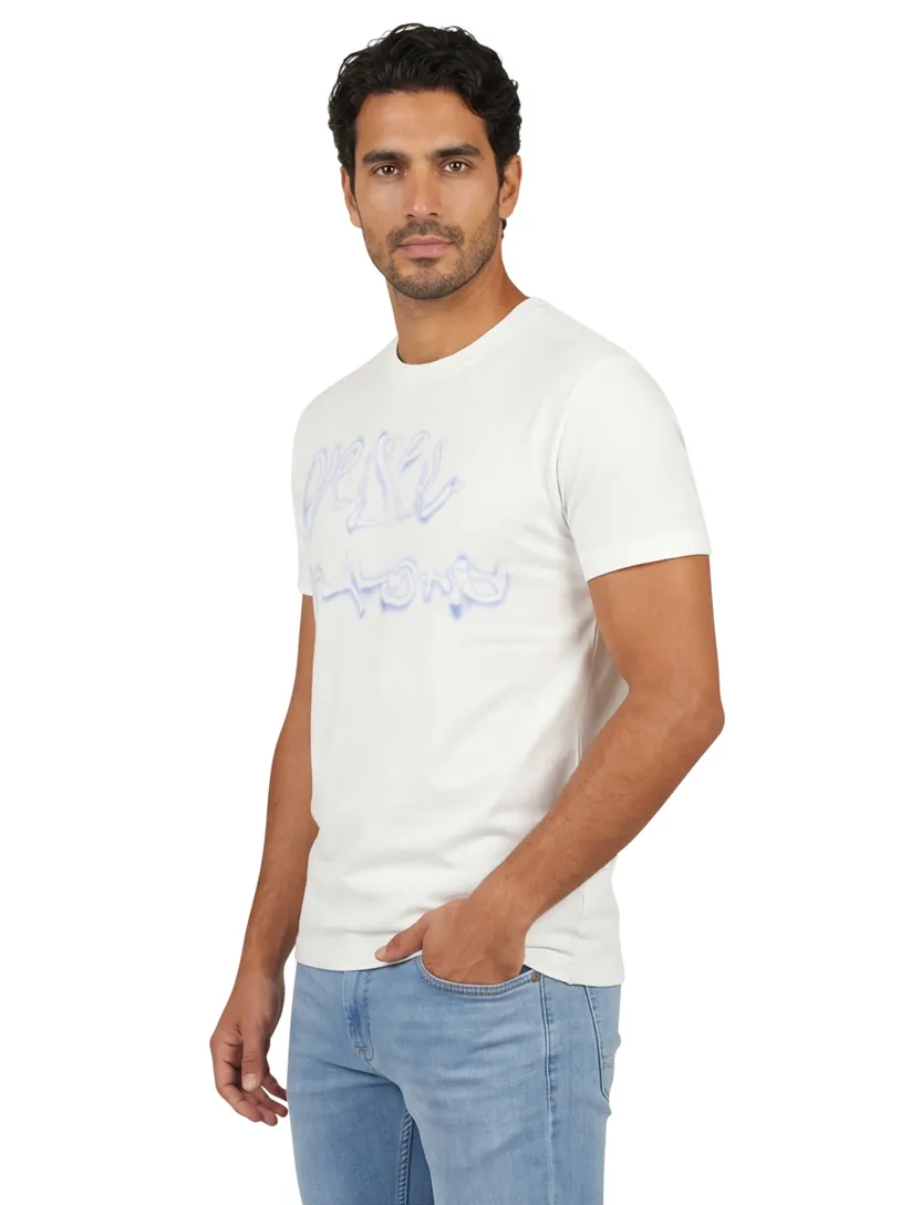 T-shirt wit Disel blauwe opdruk ronde hals