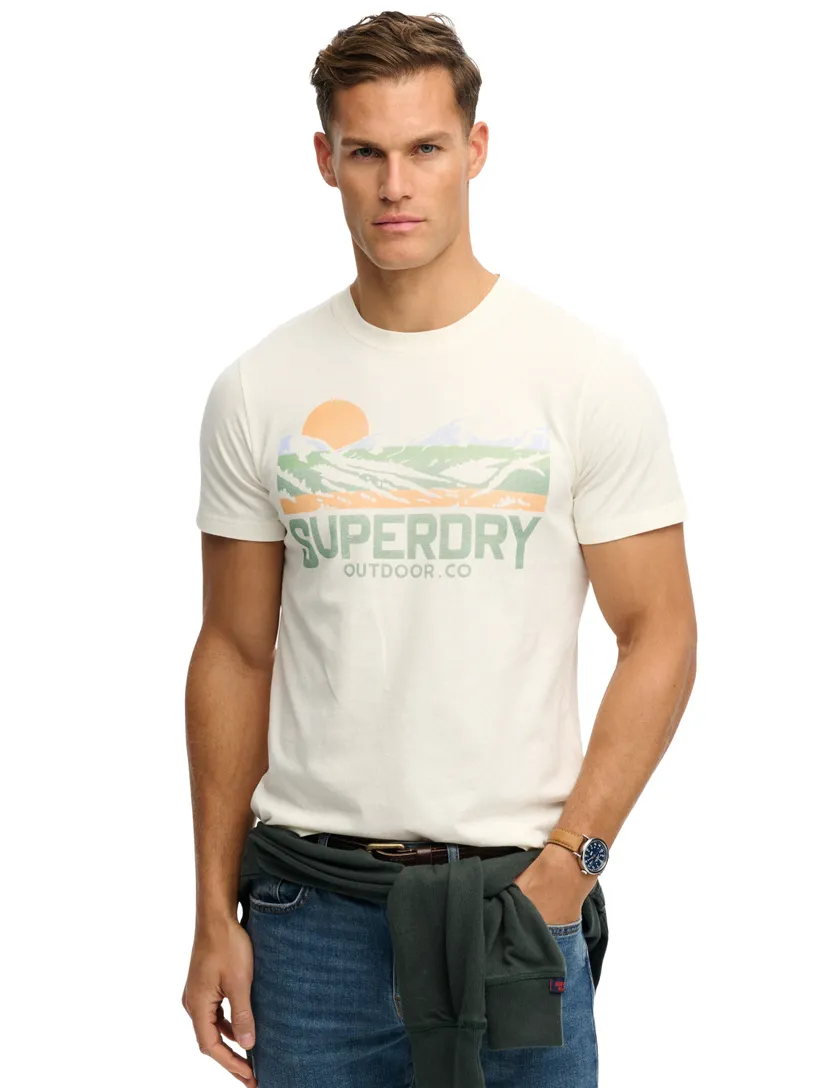 T-shirt Superdry crème korte mouw opdruk slim fit