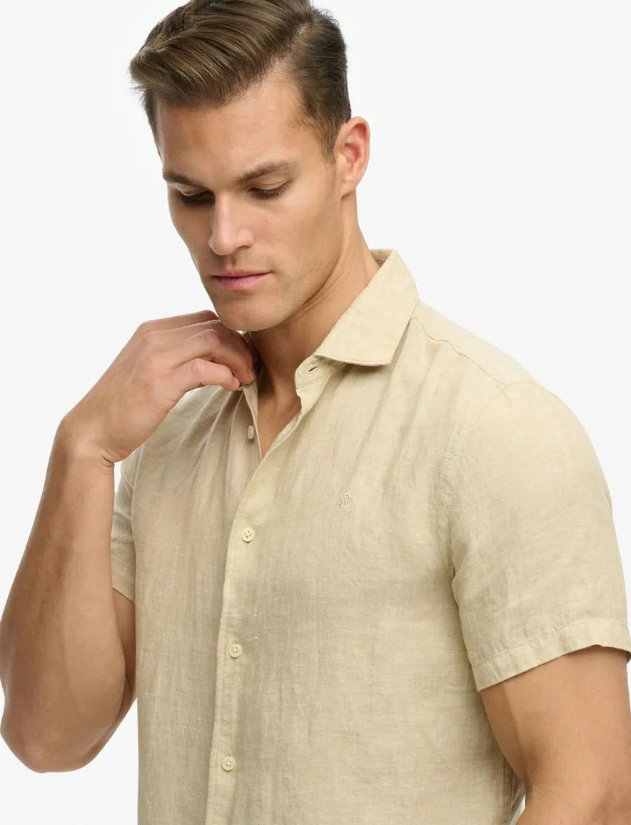 Superdry overhemd bruin linnen korte mouw