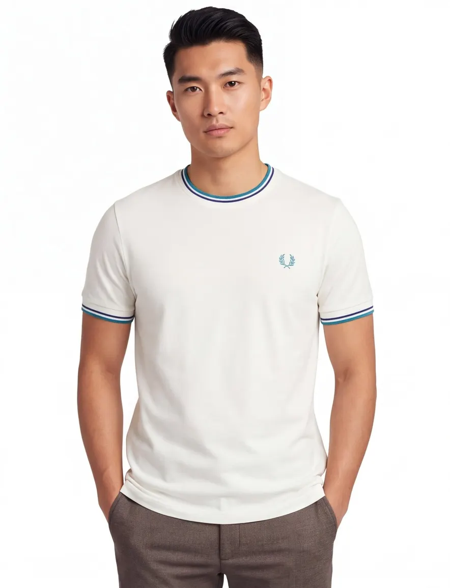 Fred Perry T-shirt sbeige met groen en hals