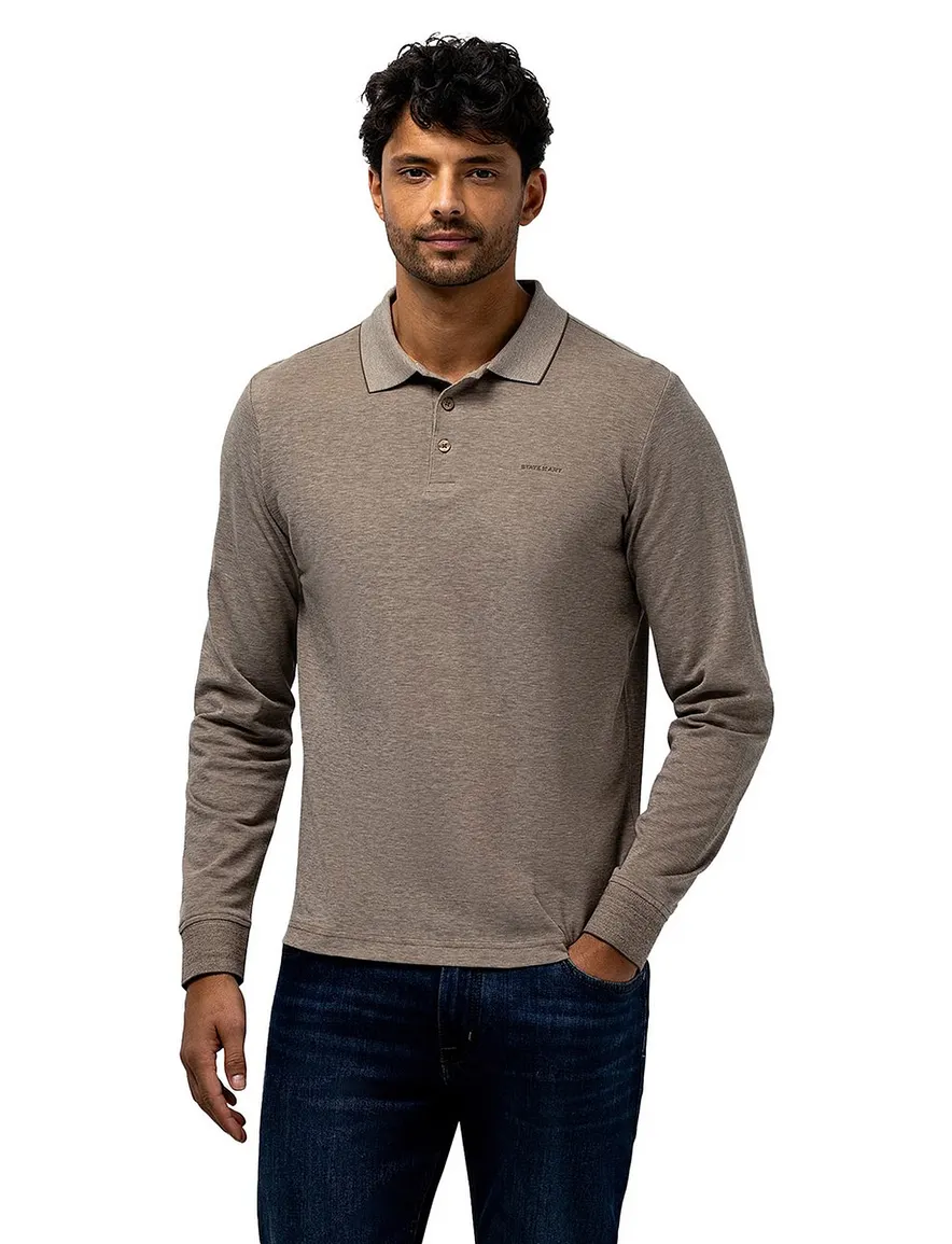 State of Art polo lange mouw bruin gemeleerd