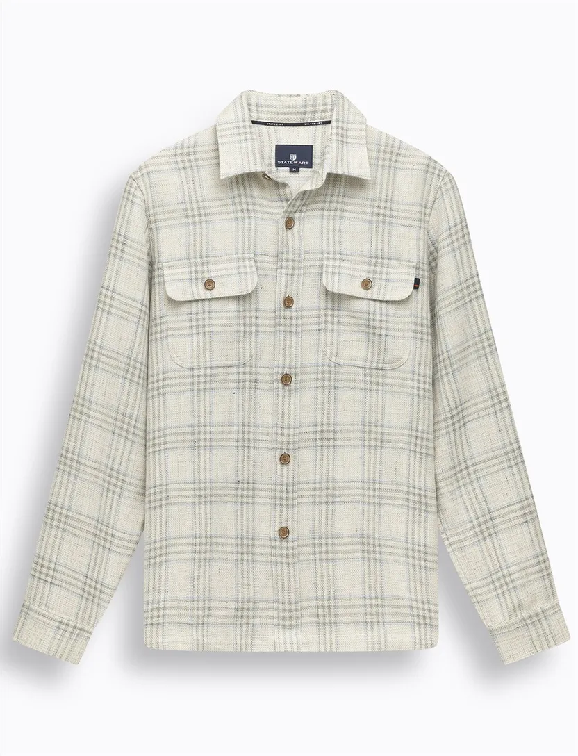 Overshirt State of Art crème blauw geruit wijde fit