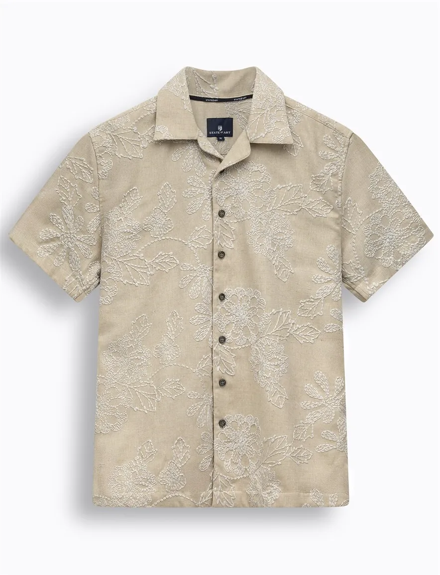 State of Art overhemd beige bloemen geborduurd