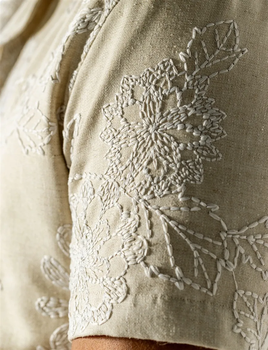 State of Art overhemd beige bloemen geborduurd
