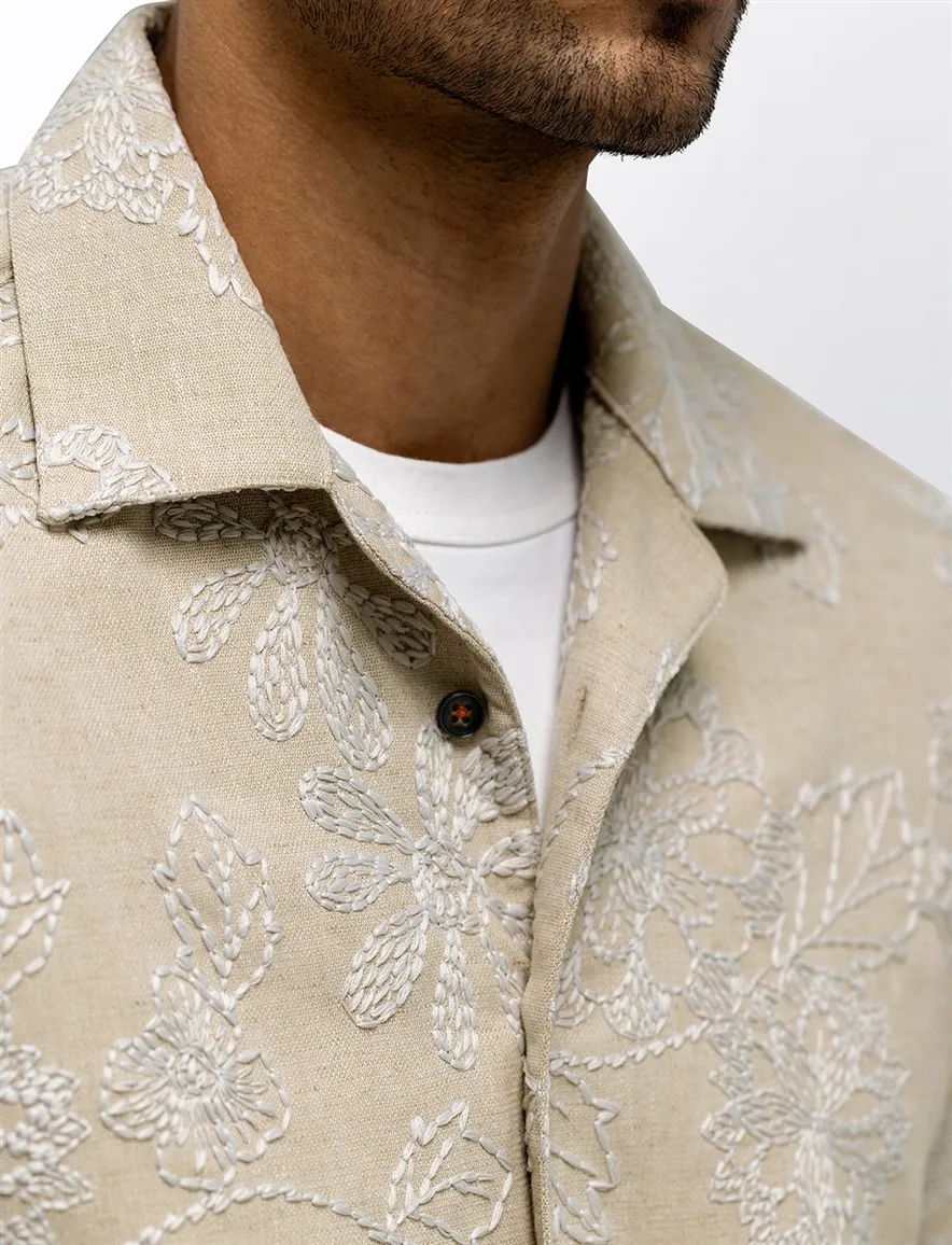 State of Art overhemd beige bloemen geborduurd