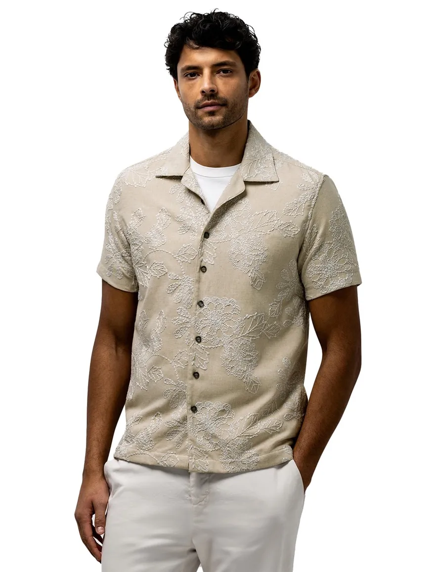 State of Art overhemd beige bloemen geborduurd