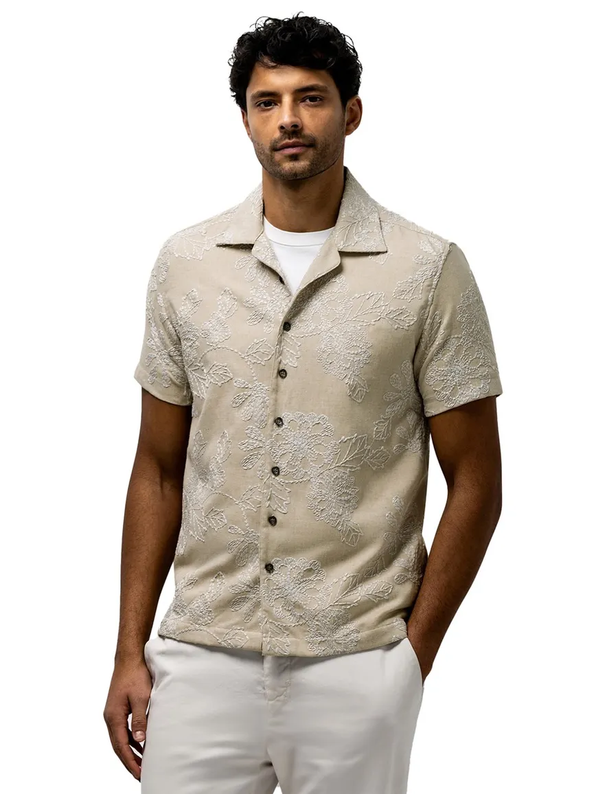 State of Art overhemd beige bloemen geborduurd